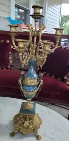 2 Italian Brevettato Verde Green Marble & Bronze Ormolu Candelabras