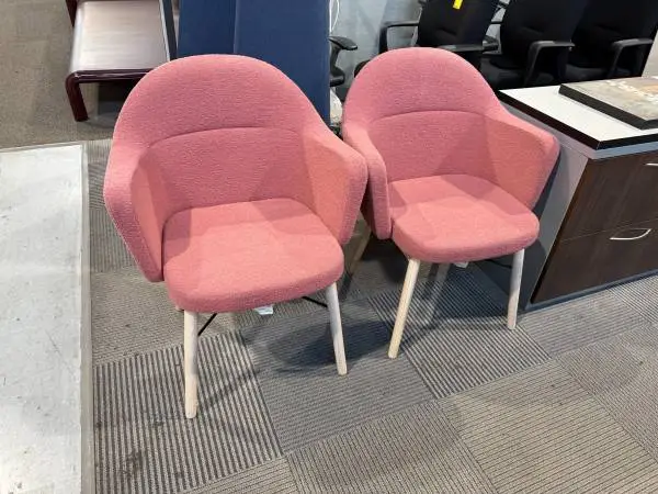 Lot of 2 Club Chairs by Keilhauer in Pink Fabric and Wood Frame