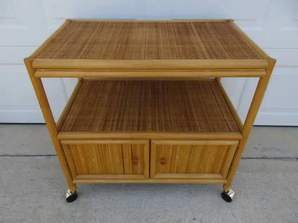 Rolling Rattan and Wicker Bar Cart / Serving Cart with 2 Cabinets