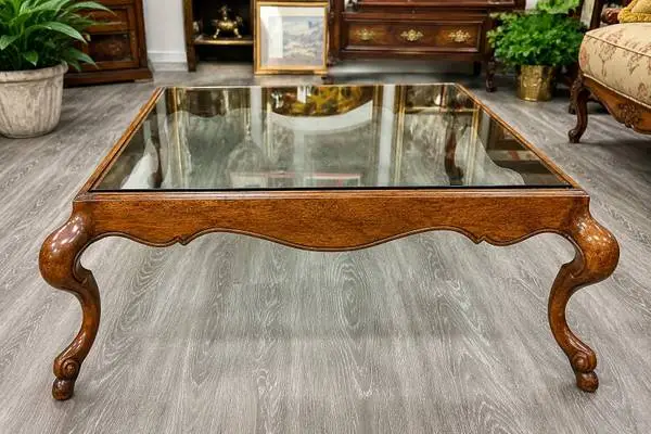 Italian Burl Walnut Swan Leg Coffee Table with Inset Glass Top