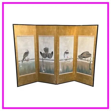 Japanese Gilded Screen With Tethered Hawks