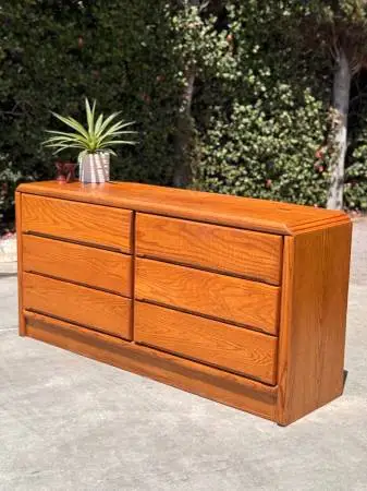 Postmodern Mid Century Vintage Oak 6 Drawer Lowboy Dresser