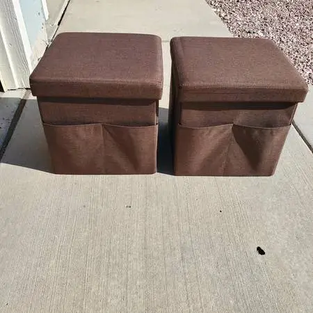 TWO Storage Ottomans With Pockets Brown Cube Foldable