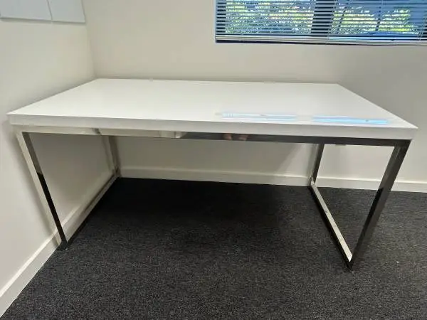 Modern White High-Gloss Lacquer Desk with Chrome Frame