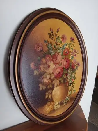 Vtg 33x27 Cottagecore Oval Painting Roses Wildflowers Wood Frame