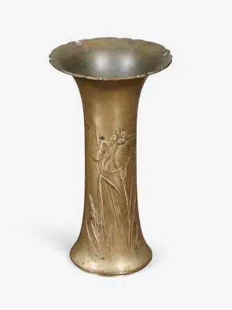 French Art Nouveau Iris Relief Repoussé Brass Vase, c.1920’s