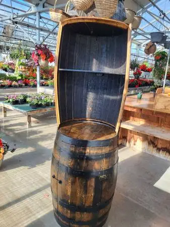 Whiskey barrel coffee/wine/whiskey hutch