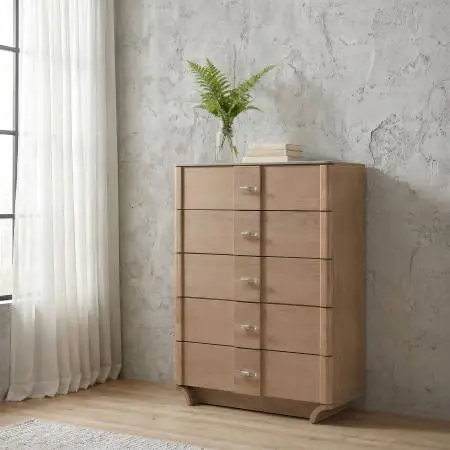 **5-drawer Sinter Stone Top Chest of Drawers Light Oak Finish**