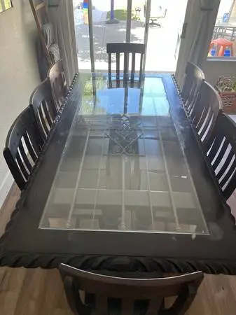 Designer Peninsula Home Glass & Wrought Iron Dining Table + 6 Chairs