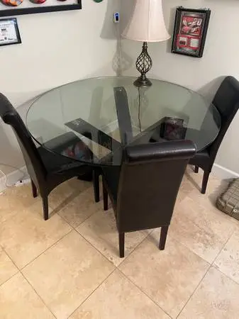 Round Top Glass Dining Table + Chairs & Lamp