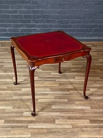 English Queen Anne Style Mahogany Card/Game Table w/ Tooled Leather To