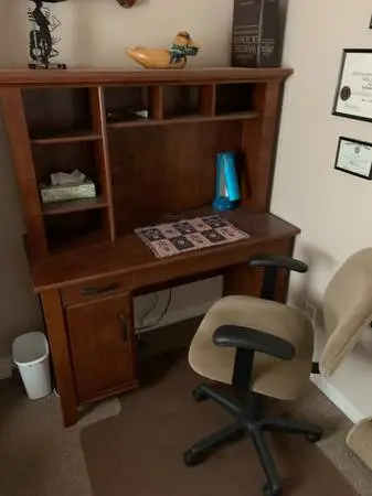 Desk With Hutch - Has Drawer & Cabinet - Plus Chair & Carpet Saver