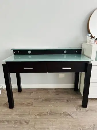 TV/Media Desk Espresso Wood and Glass w 2 Drawers 47x24x34