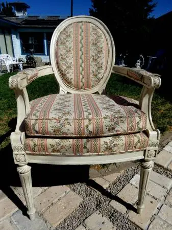 Vintage Antique White Wood French Arm Chair EMBROIDERED Fabric GORGUS