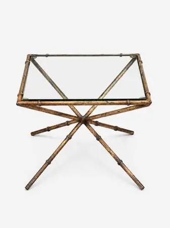Vintage French Hollywood Regency Faux Bamboo Gilt Iron & Glass Side Ta
