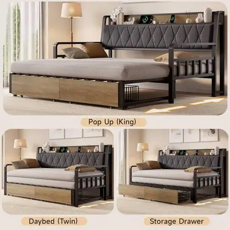 Twin Size Daybed with Trundle, Twin to King Daybed with Pop up Trundle, Metal Tw