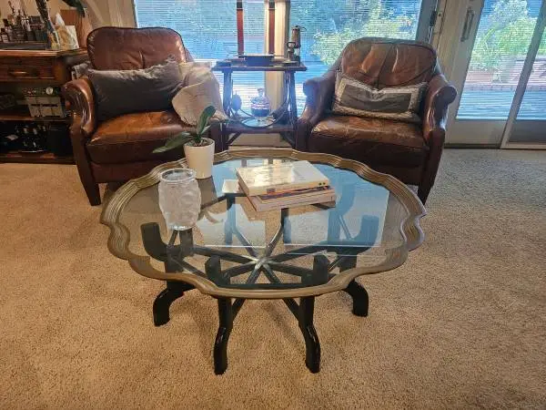 Brass & Glass Tray TOp coffee table. Scalloped edge Vintage Hollywood