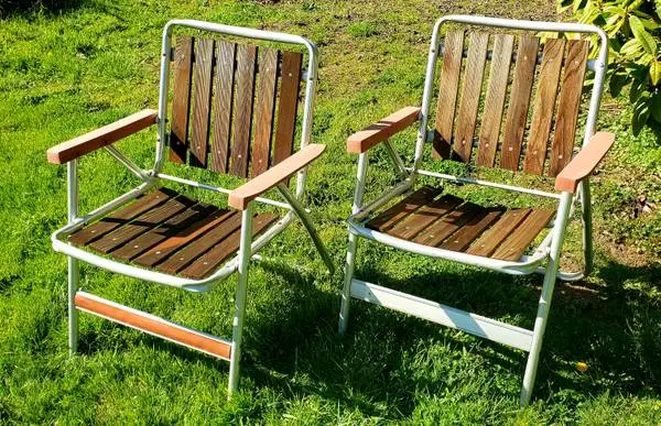 Vintage Redwood Patio Chairs - Two Folding Retro Lawn Chairs