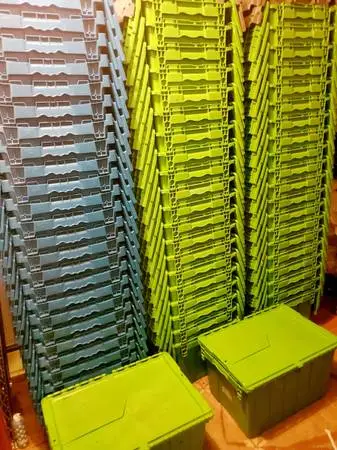 50 HEAVY DUTY SHIPPING TOTES/ STORAGE BINS WITH ATTACHED SEALED LIDS