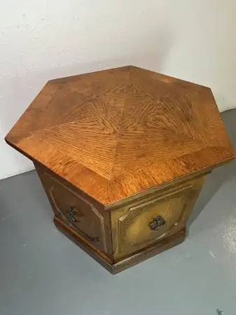 Mid Century Modern Hexagonal Walnut Accent Table + Storage