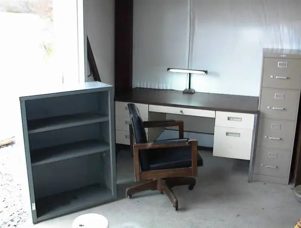 Commercial Desk, Bookcase, File Cabinet, Chair and Lamp