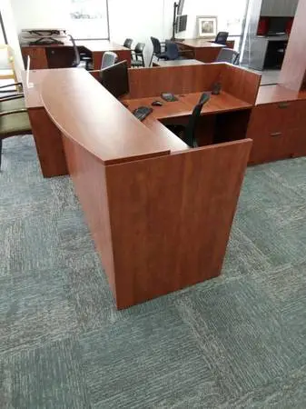 L Shape Cherry Reception Desk Shell Workstation w/ Transaction Top
