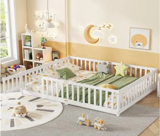 Queen Size Floor Bed White Wooden Montessori Bed Frame With Door
