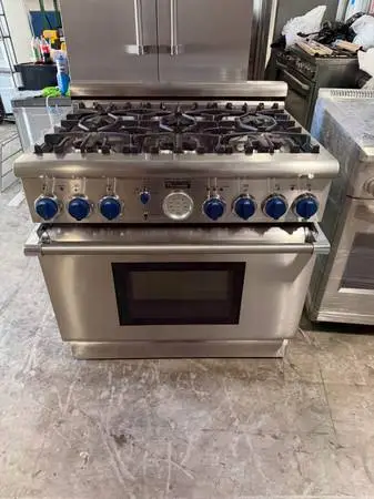 Thermador 36” Gas Range/Thermador 36” Fridge/Gagganeu Microwave