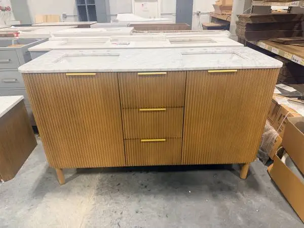 Havana 60 Double Sink Bathroom Vanity Reeded Birch Carrara Marble Top