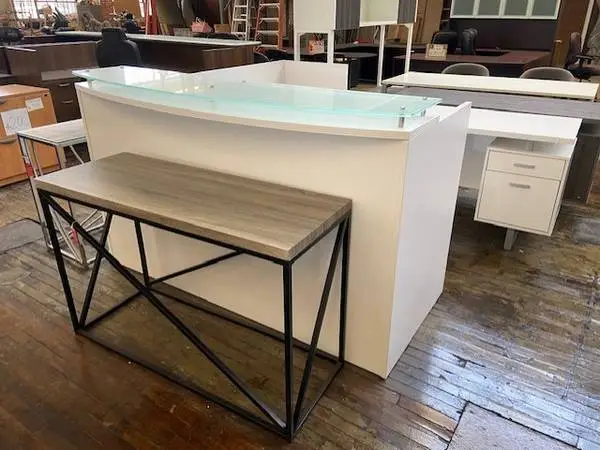 MODERN RECEPTION DESK L SHAPE WHITE, GRAY, WITH GLASS 72X72