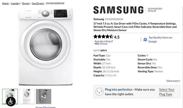 27 In Samsung Front Load Gas Dryer with 7.5 Cu.Ft. Capacity white New.