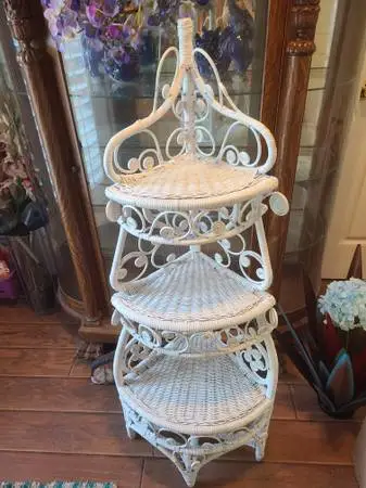 Vintage large rattan corner shelf