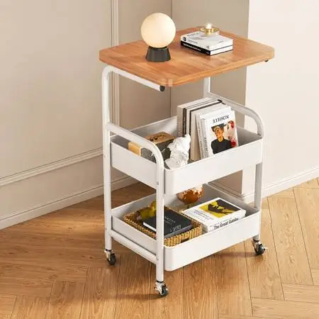 [NEW] Rolling Cart with Wood Top, Metal Mesh Side Table Organizer