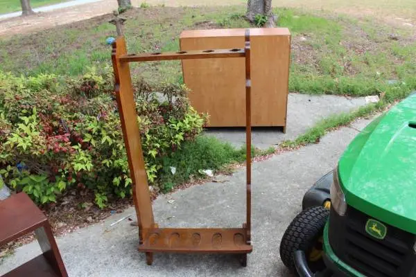 vintage oak pool cue or fishing rod holder rack storage cabinet