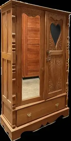 Solid Teak Hand-Carved Armoire / Wardrobe with Mirrored Doors – 71.5