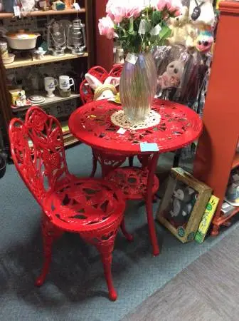 RED CAST IRON BISTRO PATIO SET OF 3