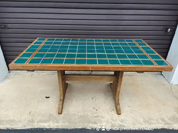 Vintage Solid Wood Trestle Table with Beautiful Teal Tile Top.