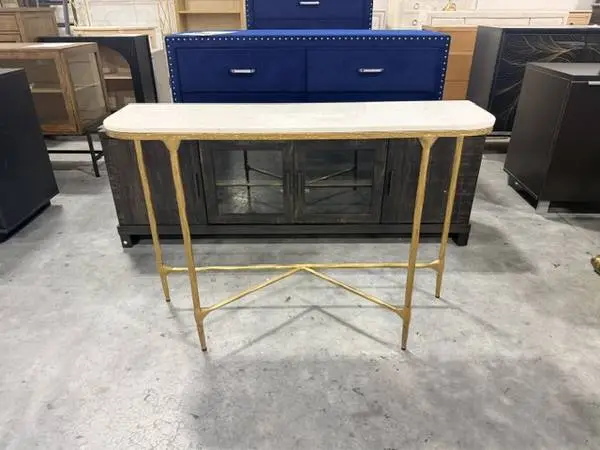 Everly Quinn Janowsky Gold Metal Console Entry Table White Marble Top