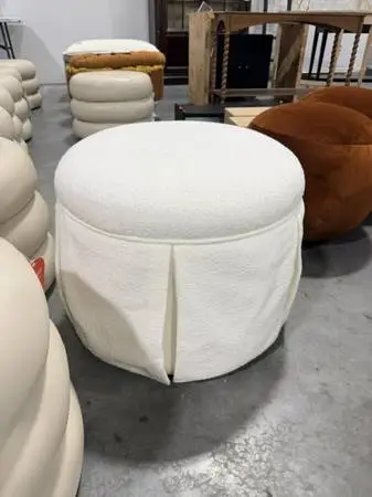 Birch Lane Oreilly Round Skirted Ottoman White Performance Boucle