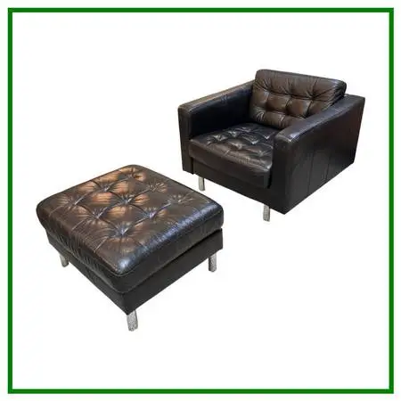 Contemporary Black Leather Lounge Chair + Ottoman