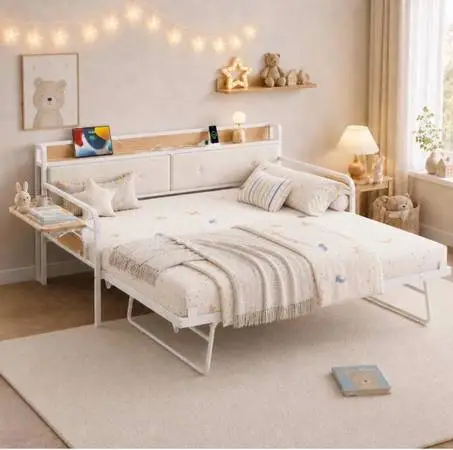 LIKIMIO Daybed with Trundle, Twin Bed Frame, White Pull-Out Trundle Bed, Upholst
