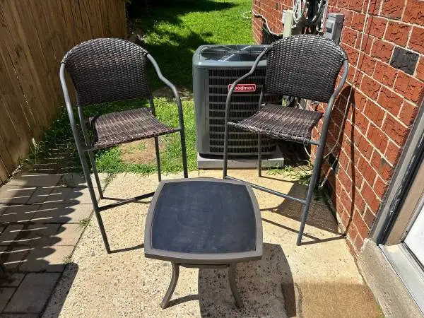 Patio set two wicker chairs, and table