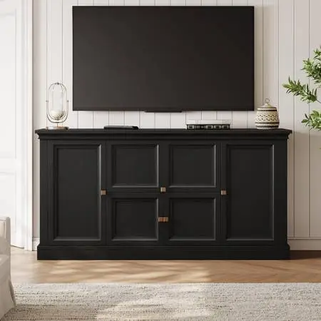63 Large Farmhouse Sideboard Buffet Cabinet with Storage, Black Grooved Barn Do