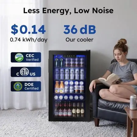 130 Can Beverage Refrigerator with Glass Door for Home, 17.3 in D, 31.3 in H, Bl