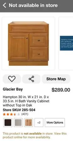 NEW Glacier Bay Hampton 30 W x 21 D x 33.5H Bath Vanity Cabinet Oak