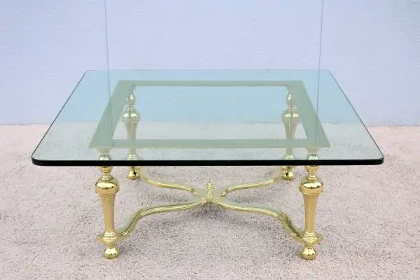 1970s Hollywood Regency Jansen Brass and Glass Square Coffee Table