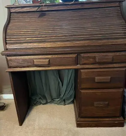 Vintage Oak Roll Top Desk Study Secretary 4 Drawers Storage Cubbies