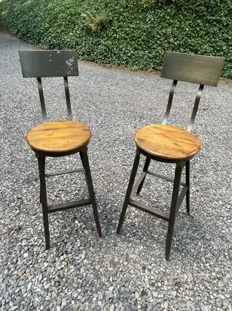 2 Cost Plus World Market Rustic Industrial Wood & Metal High Bar Stools w/ Backs