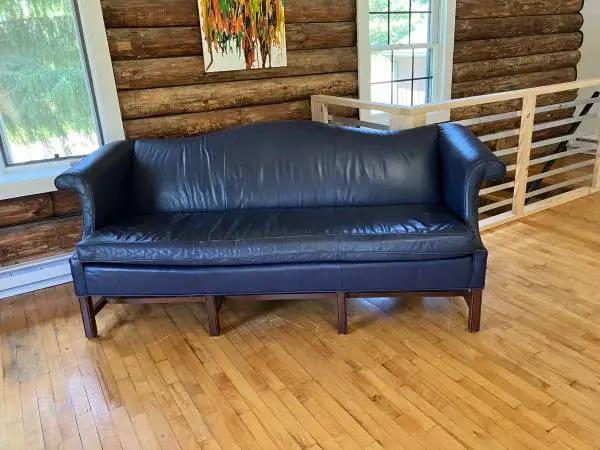 Navy Blue Leather Norwalk Camelback Chippendale Sofa Couch 82”