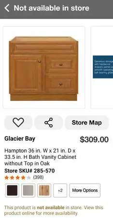 NEW Glacier Bay Hampton 36 W x 21 D x 33.5H Bath Vanity Cabinet Oak